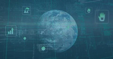 Image of data processing with globe and icons on digital interface 写真素材