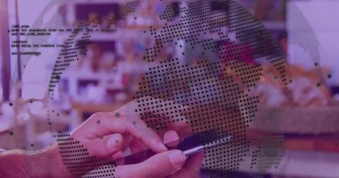 Image of data processing with globe over caucasian man using smartphone Stock Photos