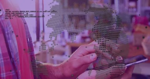 Image of data processing with globe over caucasian man using smartphone Foto stock
