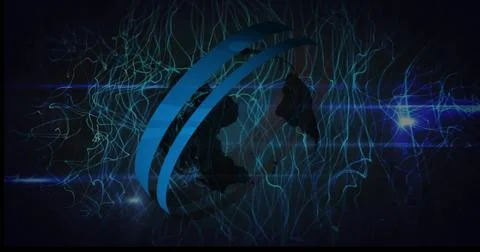 Image of data processing with globe over light trails on black background Stock Photos