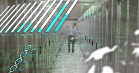 Image of data processing with globe over caucasian male it engineer and computer Stock Photos