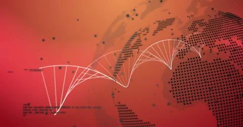 Image of data processing with globe over dna strand on orange background Foto stock