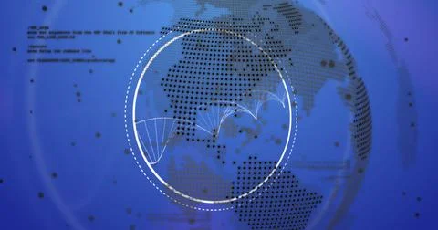 Image of data processing with globe over dna strand on blue background Foto stock