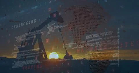 Image of data processing with globe over pumpjack on black background 写真素材