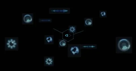 Image of data processing with globes on black background Foto stock