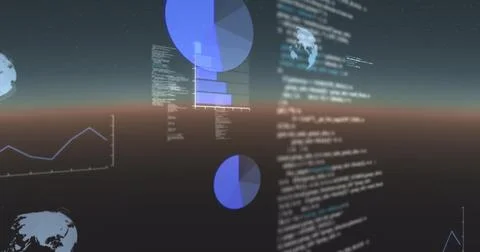 Image of data processing, globes spinning and statistics recording on gradient Stock Illustration