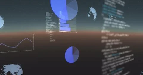 Image of data processing, globes spinning and statistics recording on gradient Stock Illustration