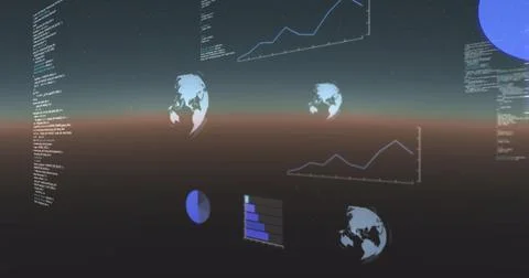 Image of data processing, globes spinning and statistics recording on gradient Illustrazione stock
