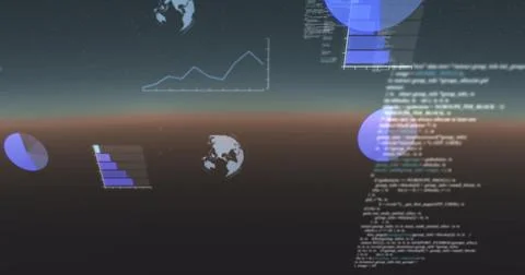 Image of data processing, globes spinning and statistics recording on gradient Illustrazione stock
