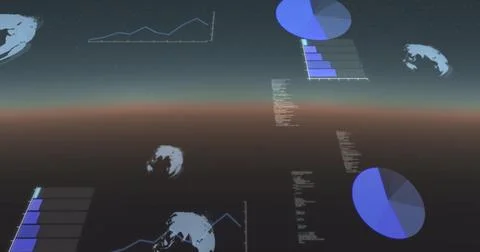 Image of data processing, globes spinning and statistics recording on gradient イラスト素材