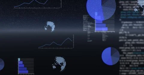 Image of data processing, globes spinning and statistics recording over universe Stock Illustration