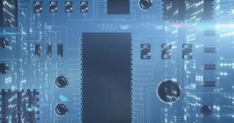 Image of data processing on glowing computer circuit board 스톡 사진