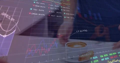 Image of data processing with graph over diverse people paying with smartwatch Illustrazione stock