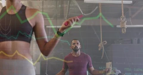 Image of data processing on graph over diverse woman and man jumping rope cross Stock Photos