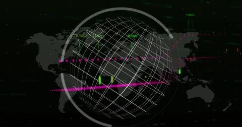 Image of data processing with graph over world map and globe Foto stock