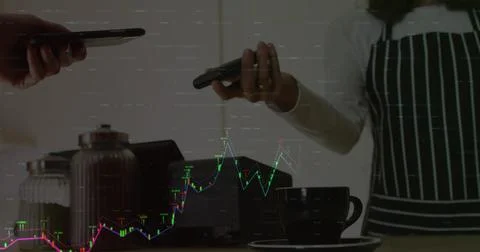 Image of data processing with graph over diverse people paying with smartphon 스톡 사진
