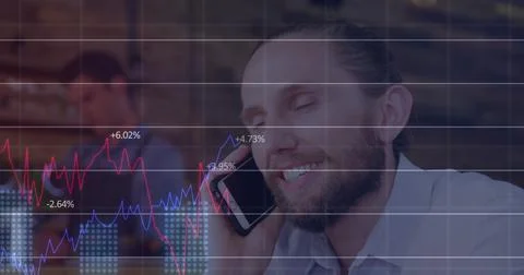 Image of data processing with graph over caucasian man talking on smartphone Stock Photos