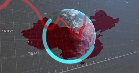 Image of data processing with graph over world map and globe Foto stock