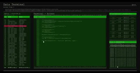 Image of data processing on green and grey computer screens Illustrazione stock