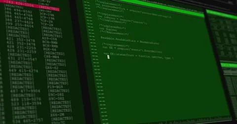 Image of data processing on green and grey computer screens Illustrazione stock