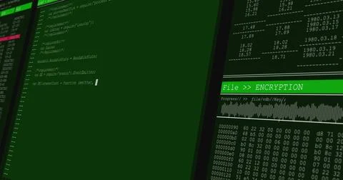 Image of data processing on green and grey computer screens イラスト素材