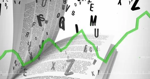 Image of data processing with green line over book and letters Stock Photos
