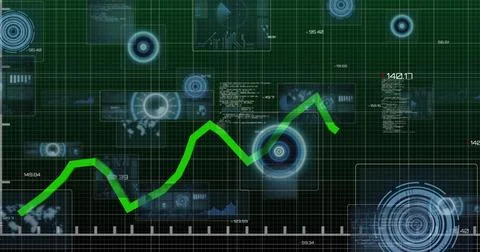 Image of data processing with green line over scopes scanning on black Stock Photos