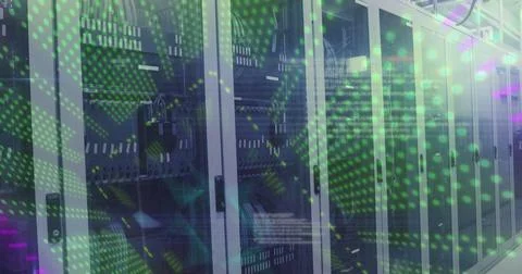 Image of data processing with green neon lights over computer servers Stock Photos