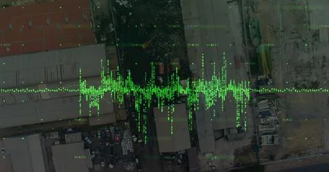 Image of data processing with green spots over cityscape 스톡 사진