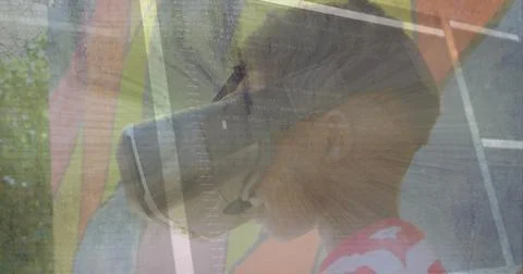 Image of data processing on grid with glitch and boy using vr headset Foto stock