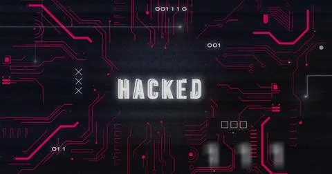 Image of data processing with hacked text and computer circuit board on black Illustrazione stock