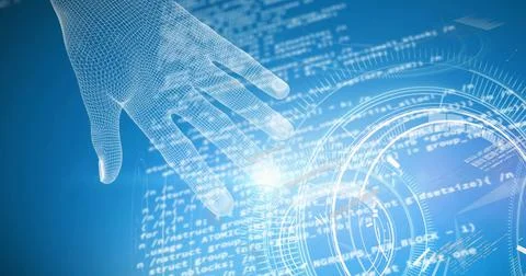 Image of data processing with hand and cloud icon over blue background 스톡 일러스트