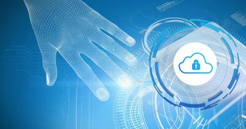 Image of data processing with hand and cloud icon over blue background Illustrazione stock