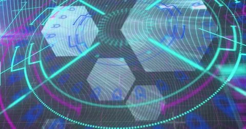 Image of data processing, hexagons and neon circles on black background with Stock Photos