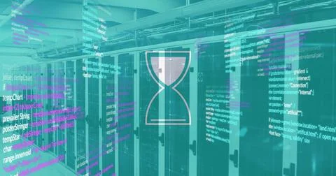 Image of data processing with hourglass over server room Stock Photos