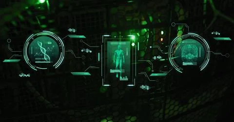 Image of data processing with human walking and brain over server room Ilustração Stock