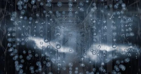 Image of data processing with icons and globe over server room Stock Illustration
