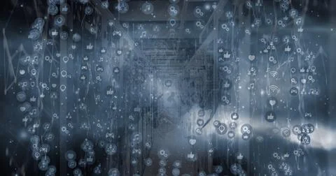 Image of data processing with icons and globe over server room Stock Illustration