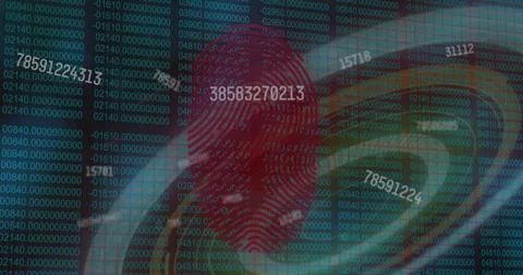 Image of data processing with icons and digital human over shapes on black Ilustração Stock