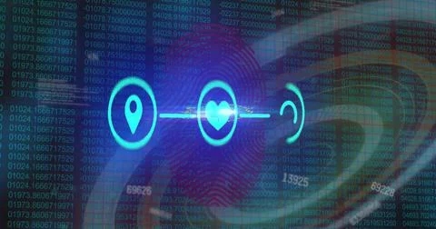 Image of data processing with icons and digital human over shapes on black Stock Illustration