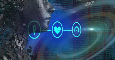 Image of data processing with icons and digital human over shapes on black Stock Illustration