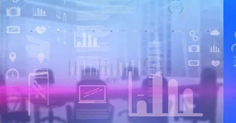 Image of data processing with icons and light trails over empty office イラスト素材
