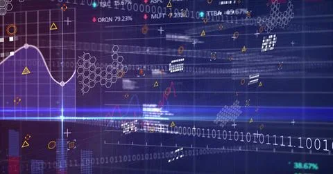 Image of data processing, icons and lights on violet background Stock Illustration