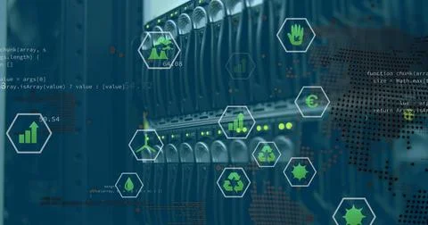 Image of data processing with icons and globe over server room Stock Photos
