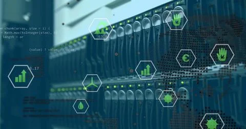 Image of data processing with icons and globe over server room Stock Photos