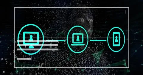Image of data processing with icons and digital human on black background Stock Photos