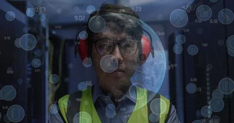 Image of data processing with icons and globe over asian male worker Stock Photos