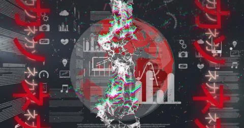 Image of data processing, icons, globe and chinese writings in black digital Foto stock