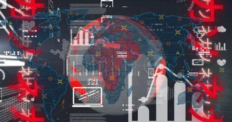 Image of data processing, icons, graphs, globe and chinese writings in black Foto stock