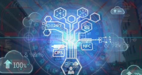 Image of data processing with icons over tall buildings Stock Illustration